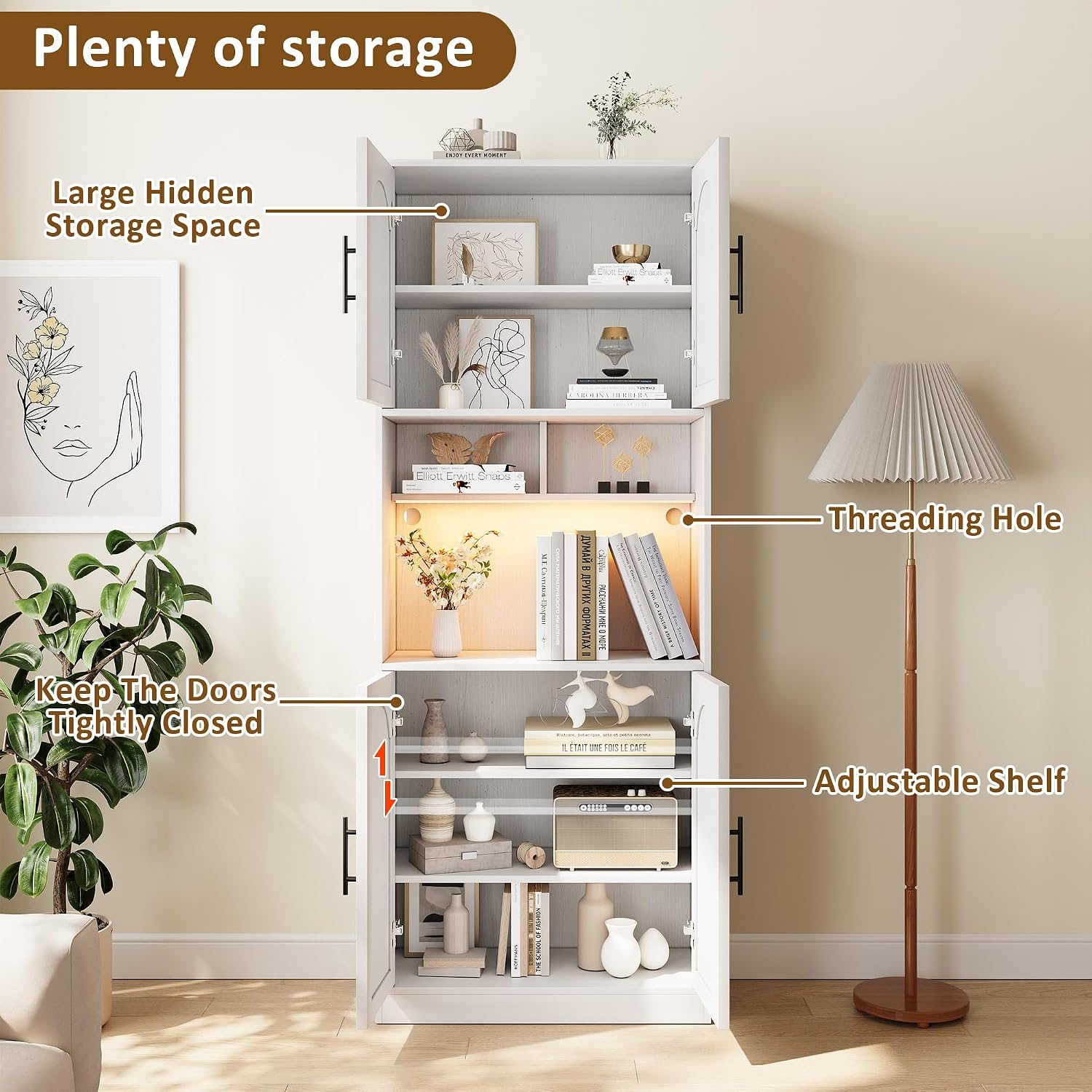 71" Pantry Cabinet with LED Light, Kitchen Pantry Storage Cabinet with Microwave Stand Anti-Tip Device, Modern Farmhouse Kitchen Cupboard Hutch for Living Room, Dining Room, Bathroom