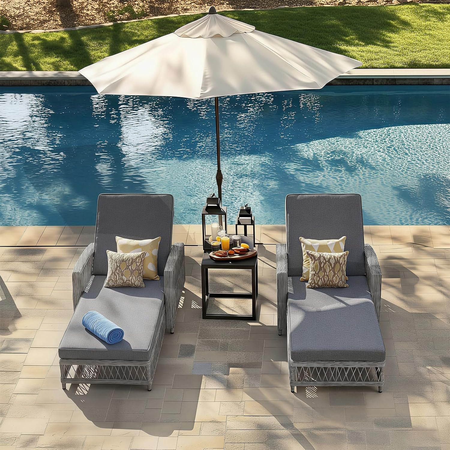 SoarFlash Wicker Chaise Lounge Set of 2, Outdoor Patio Lounge Chair with Adjustable Backrest, Side Shelf and Cushions for Poolside, Garden, Yard, Grey