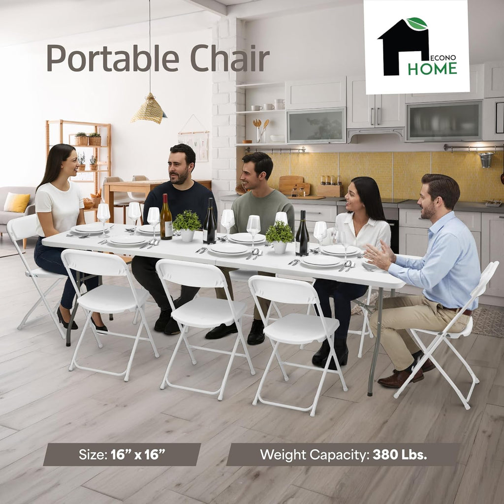 EconoHome 10 Pack White Plastic Folding Chairs, Heavy-Duty Steel Frame, Portable Stackable Foldable Chairs with Non-Slip Feet – Commercial Indoor/Outdoor Seating for Events, Weddings, Office, Parties