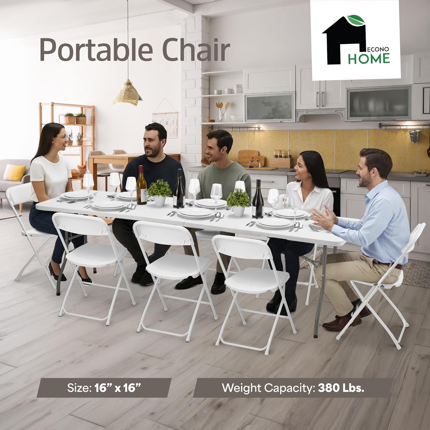 EconoHome 10 Pack White Plastic Folding Chairs, Heavy-Duty Steel Frame, Portable Stackable Foldable Chairs with Non-Slip Feet – Commercial Indoor/Outdoor Seating for Events, Weddings, Office, Parties