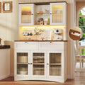 HUAHUU 71" Kitchen Pantry Cabinet with Lights & Acrylic Doors, Pantry Storage Cabinet with Microwave Stand, Kitchen Hutch Food Cabinets with Charging Station, Adjustable Shelves, White