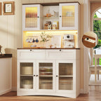 HUAHUU 71" Kitchen Pantry Cabinet with Lights & Acrylic Doors, Pantry Storage Cabinet with Microwave Stand, Kitchen Hutch Food Cabinets with Charging Station, Adjustable Shelves, White