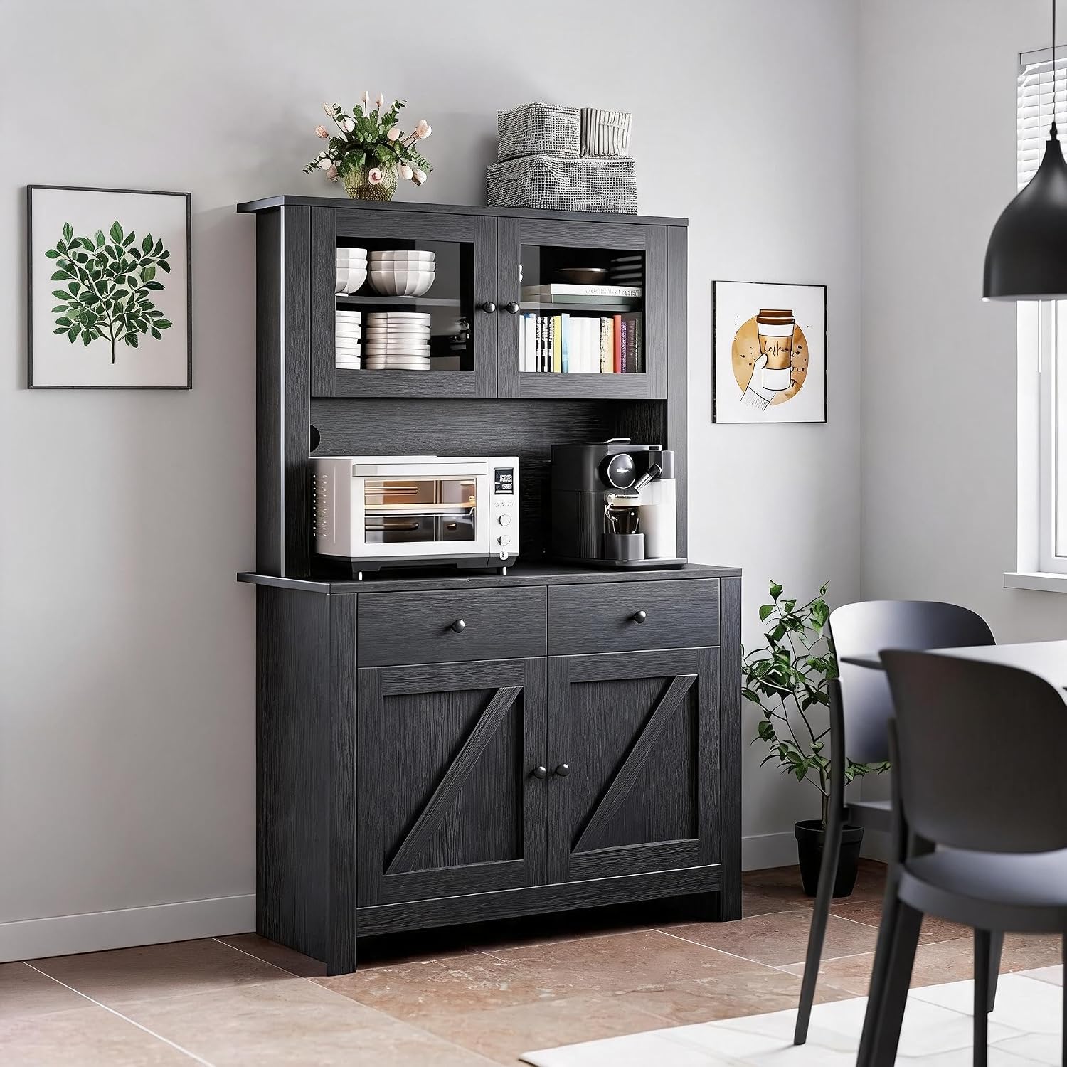 Garvee Farmhouse Kitchen Pantry Cabinet with Microwave Stand, Rustic Buffer Sideboard with Sliding Barn Door, Freestanding Storage Cupboard with Adjustable Shelves for Dining Room