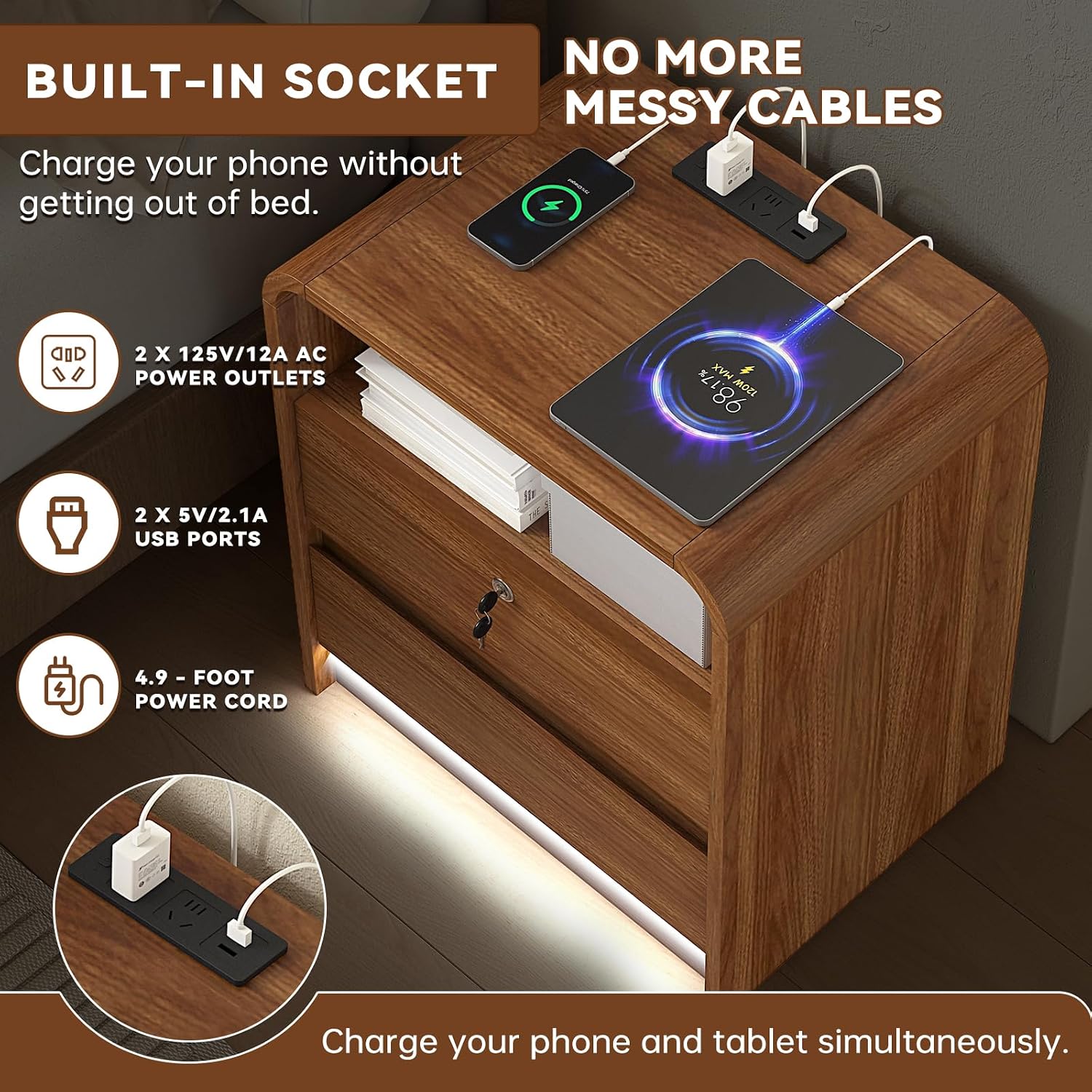23.6" Walnut Nightstand Set of 2 with Charging Station, Motion-Activated LED Light & Soft Close Lockable Drawer, Anti-Collision Mid Century Modern Bedside Table with 500 LB Capacity & Hidden Storage