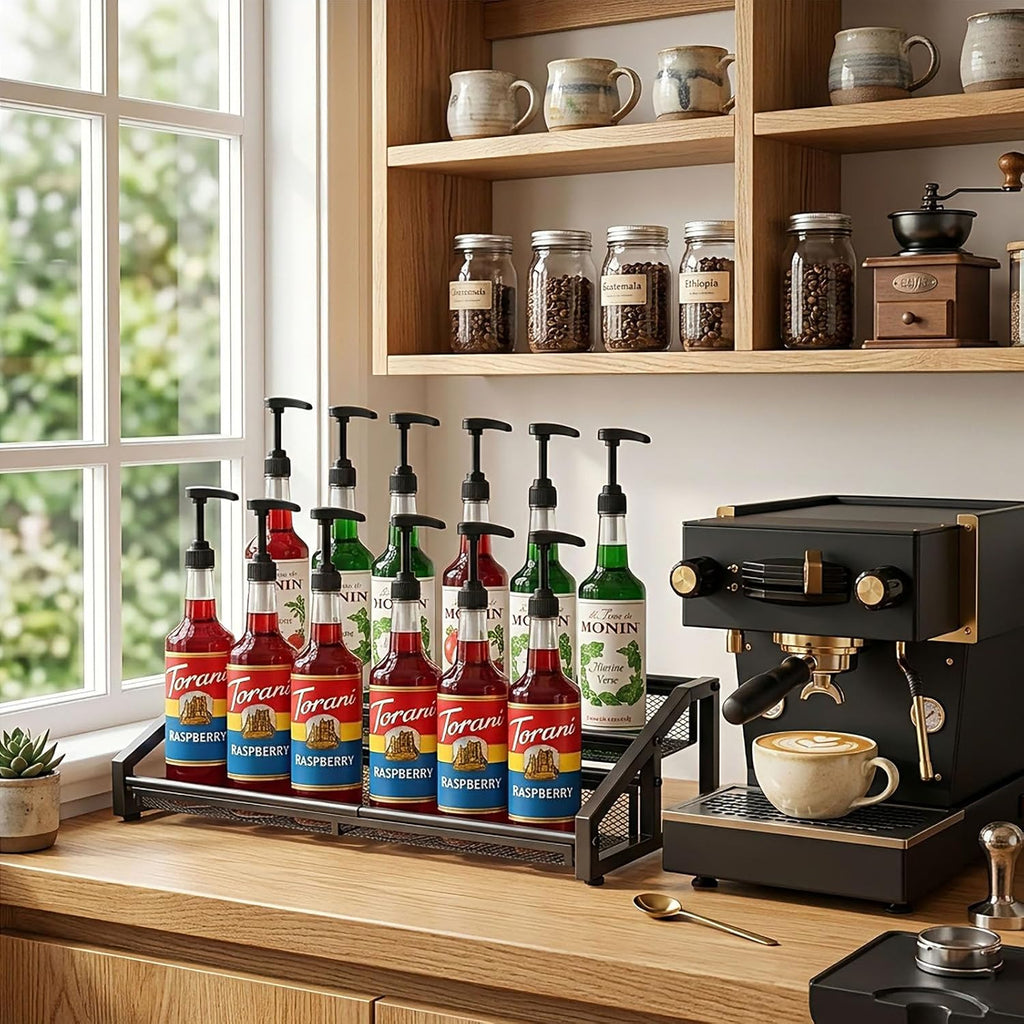 Expandable Coffee Syrup Organizer,3 in 1 Heavy Duty Syrup Rack, Liquor Bottle Display Shelf, Spice Racks,6-12 Syrup Bottles Holder Stand, Space-Saving Storage Rack - 2 Tier (Patent Pending)