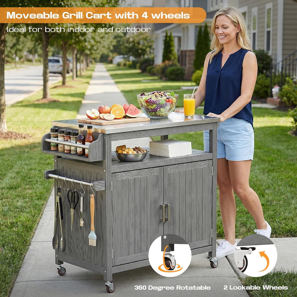 FUQARHY 43.3-Inch Solid Wood Outdoor Kitchen Island with Storage Cabinet, Grill Table with Stainless Steel Top, Outdoor Cooking Prep Station with Lockable Wheels for Backyard, Patio, Party (Gray)