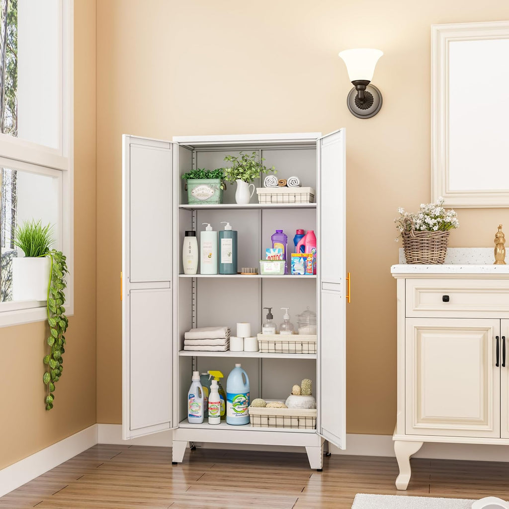 GAIOUS Metal Pantry Cabinet, Kitchen Pantry Storage Cabinets with 2 Door and 3 Adjustable Shelves, White Kitchen Pantry Cabinet, Freestanding Cupboard for Dining Room Living Room Bathroom