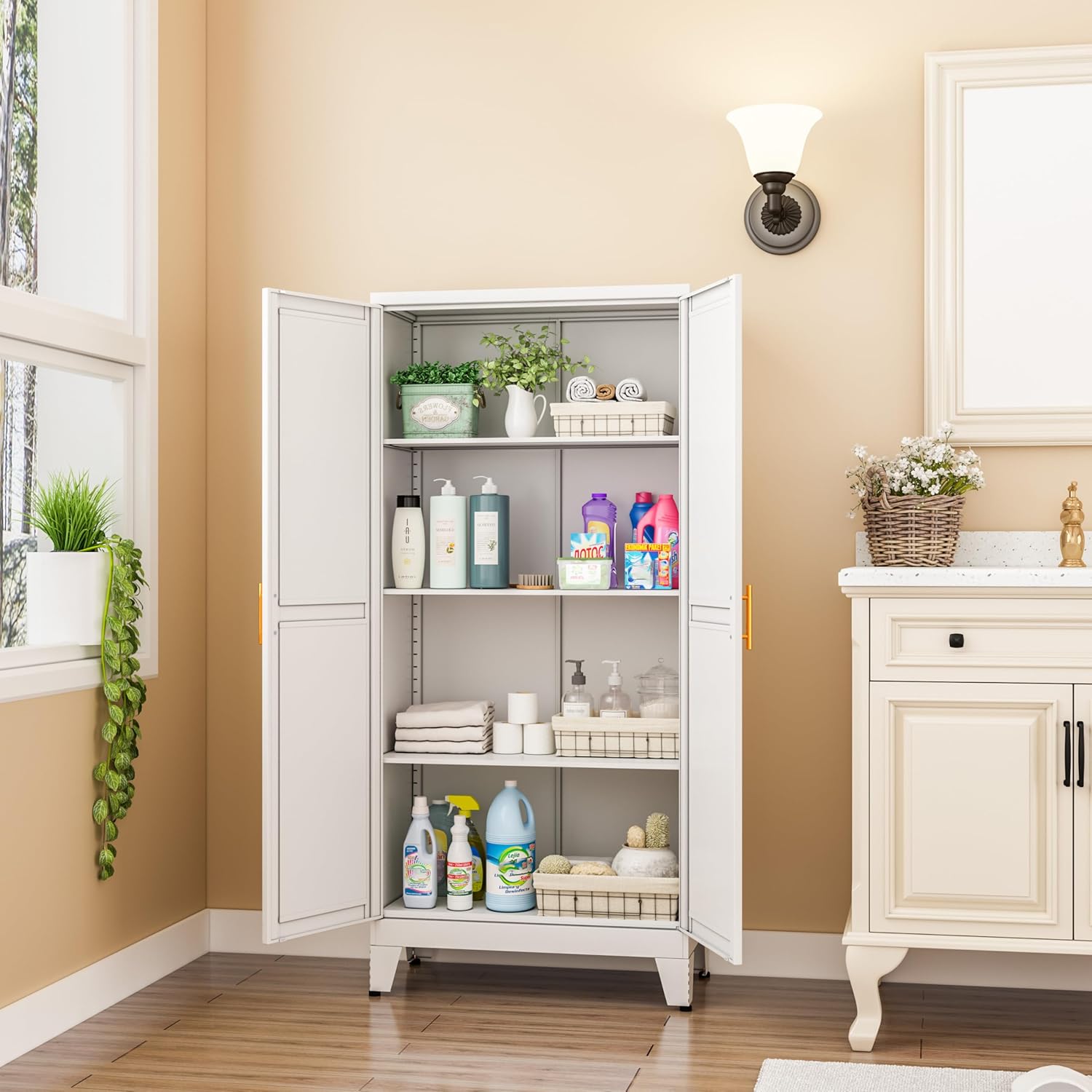 GAIOUS Metal Pantry Cabinet, Kitchen Pantry Storage Cabinets with 2 Door and 3 Adjustable Shelves, White Kitchen Pantry Cabinet, Freestanding Cupboard for Dining Room Living Room Bathroom