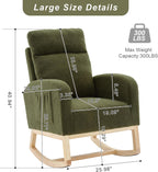 Nursery Rocking Chair with Solid Wood Legs, Glider Chair for Nursery with Side Pocket, Rocker Armchair for Living Room Bedroom (Dark Green, Teddy Fabric)