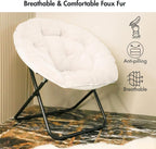 Comfy Faux Fur Saucer Chair for Adults, Foldable Moon Chair with Metal Frame, Soft Padded Lounge Chair for Bedroom, Dorm & Gaming, Large Cozy Circle Chair for Teens & Adults (Off-White)
