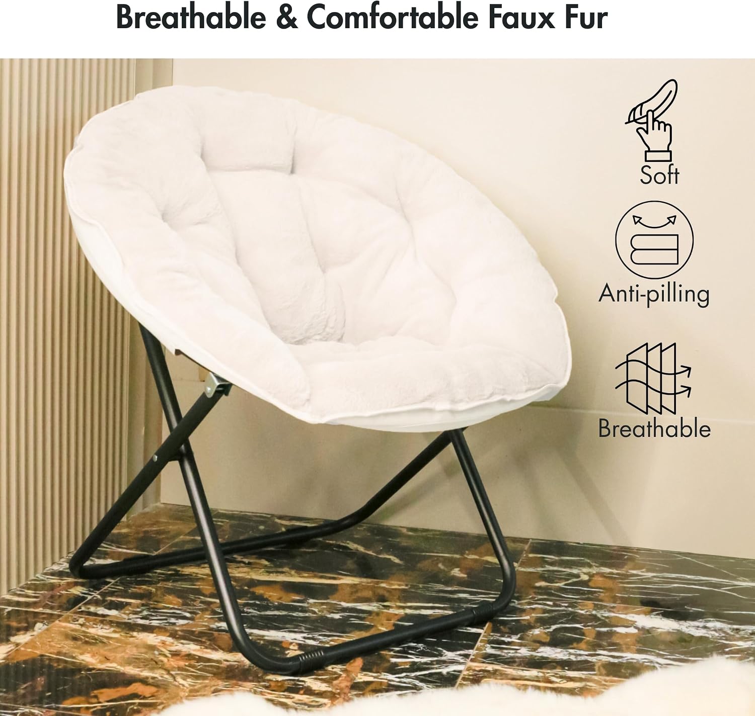 Comfy Faux Fur Saucer Chair for Adults, Foldable Moon Chair with Metal Frame, Soft Padded Lounge Chair for Bedroom, Dorm & Gaming, Large Cozy Circle Chair for Teens & Adults (Off-White)