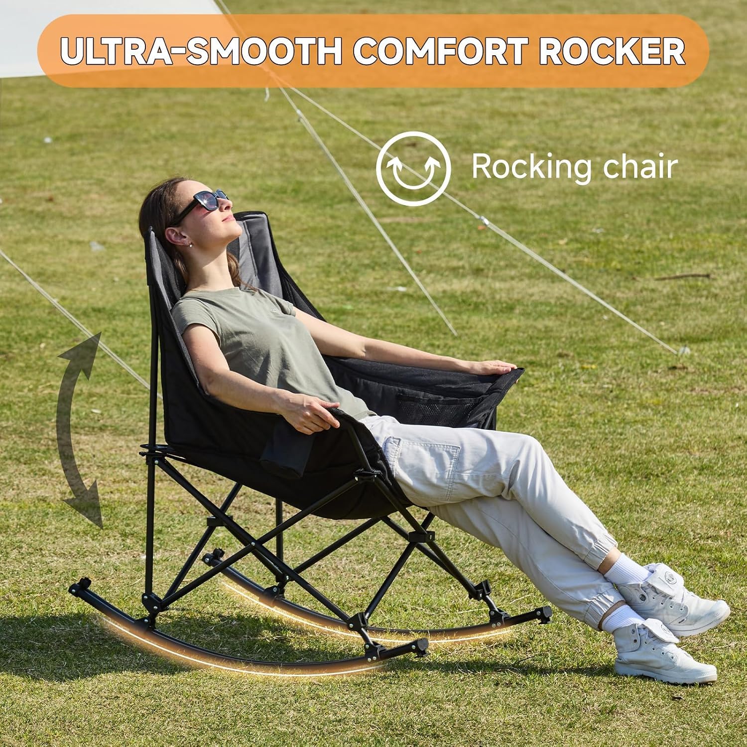 Youtanic Oversized Folding Rocking Camping Chair, Padded Portable Rocking Chair with Pockets, Cup Holder and Carry Bag, Heavy Duty Outdoor Rocker Patio Chair for Garden, Lawn, Yard, Up to 400lbs, Gray