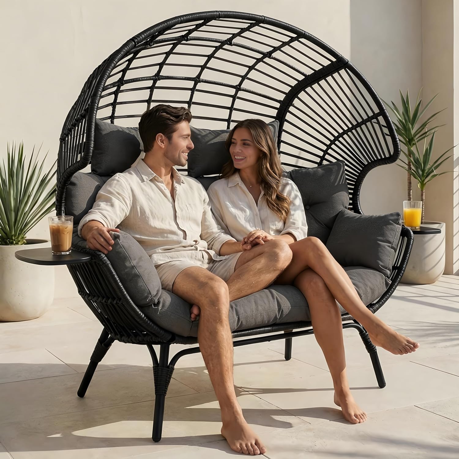 Double Egg Chair with Cup Holder Outdoor Indoor,2 Person Oversized Wicker Lounge Chair with 8” Thicken Cushions & Rain Cover 700lbs for Patio Balcony Porch Living Room
