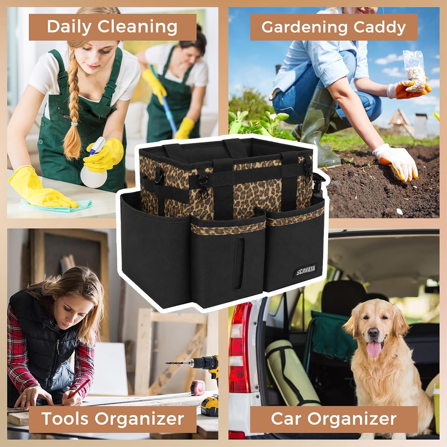 SCAVATA Compact Wearable Cleaning Caddy, Small Cleaning Supplies Organizer with Handle & Shoulder Straps for Housekeepers, under Sink & Car Cleaning Tool Organizers Bag (Leopard)