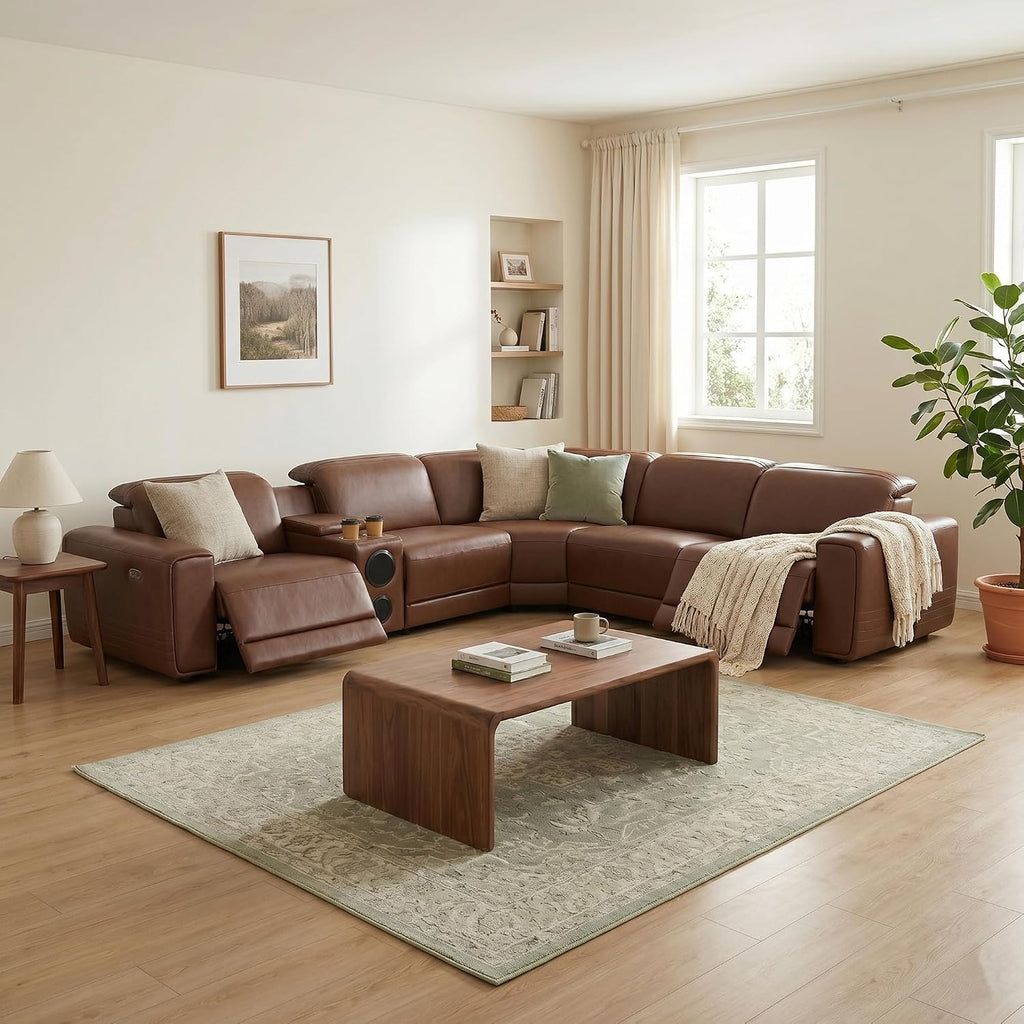 Power Recliner Sectional Sofa, L-Shaped Living Room Furniture Set, Reclining Sectional Couch with Storage Console/Cup Holder for Living Room/House/Apt (Brown, 5 Seater)