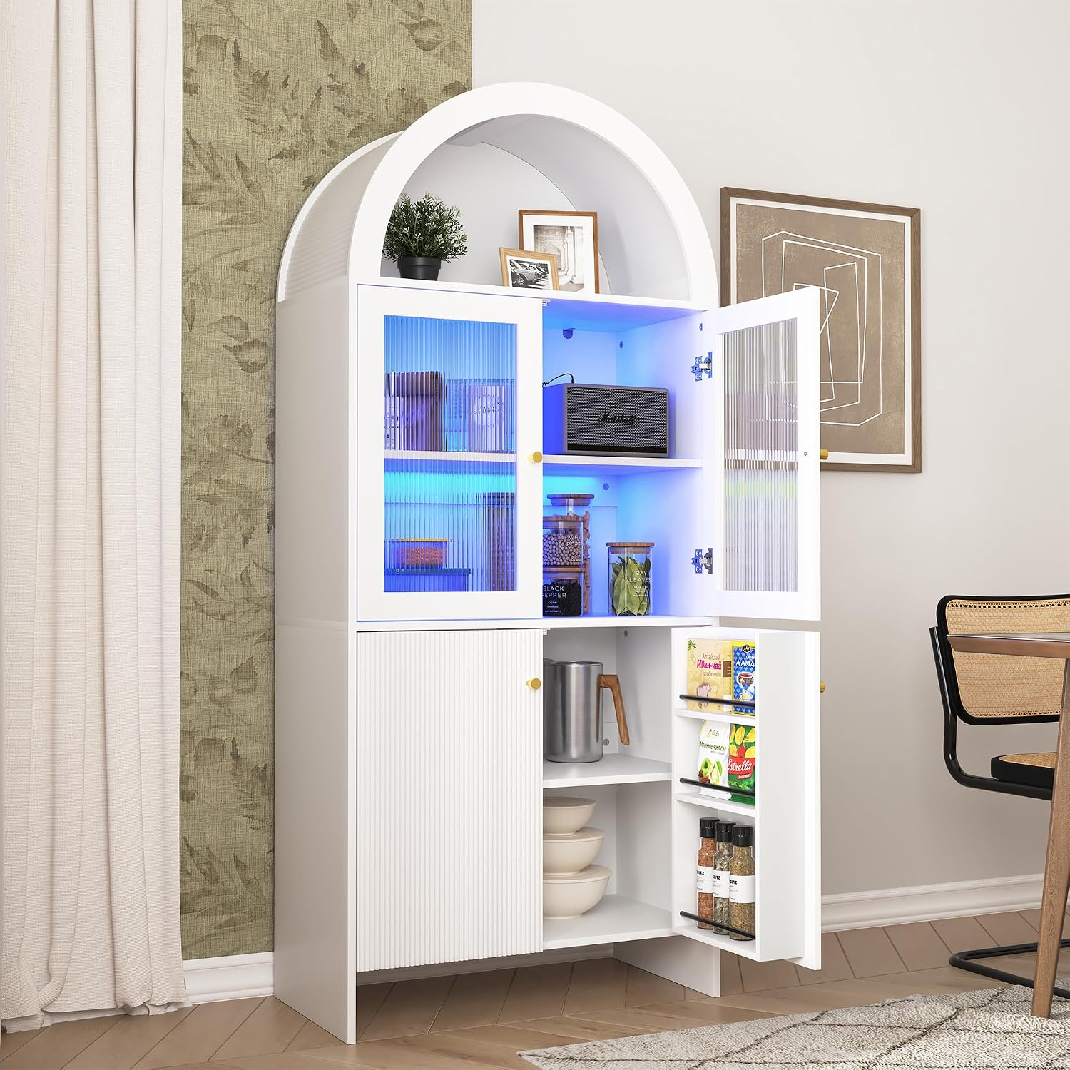69" LED Tall Arched Kitchen Pantry Cabinet, Wood Kitchen Storage Hutch with 2 Large Drawers and Adjustable Shelves, Glass Dome Cupboard for Dining Room, Bathroom，Livingroom