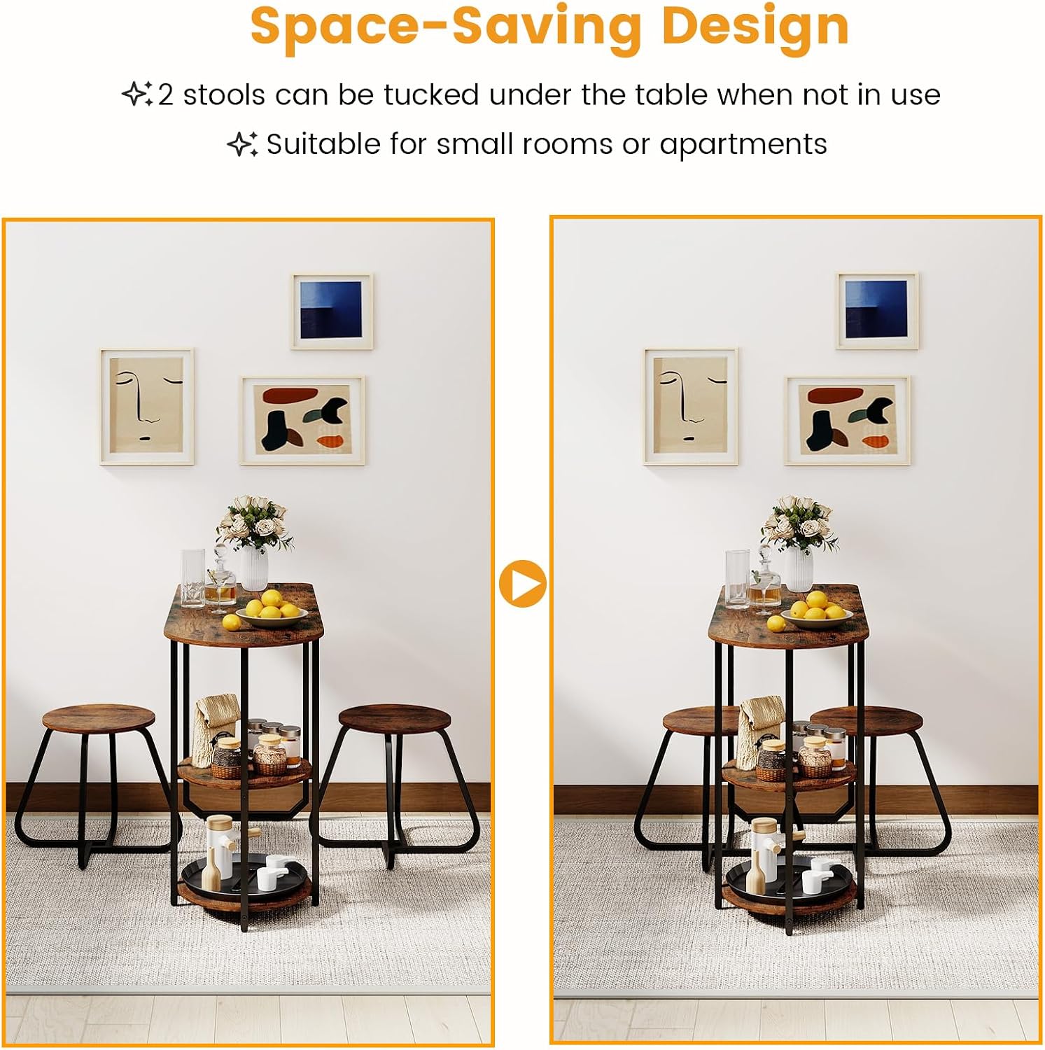 GOFLAME 3-Piece Dining Table Set, Wooden Industrial Kitchen Table and 2 Stools with 2-Tier Storage Shelves and Metal Frame, Space Saving Dinette Set for Living Room, Breakfast Nook, Rustic Brown