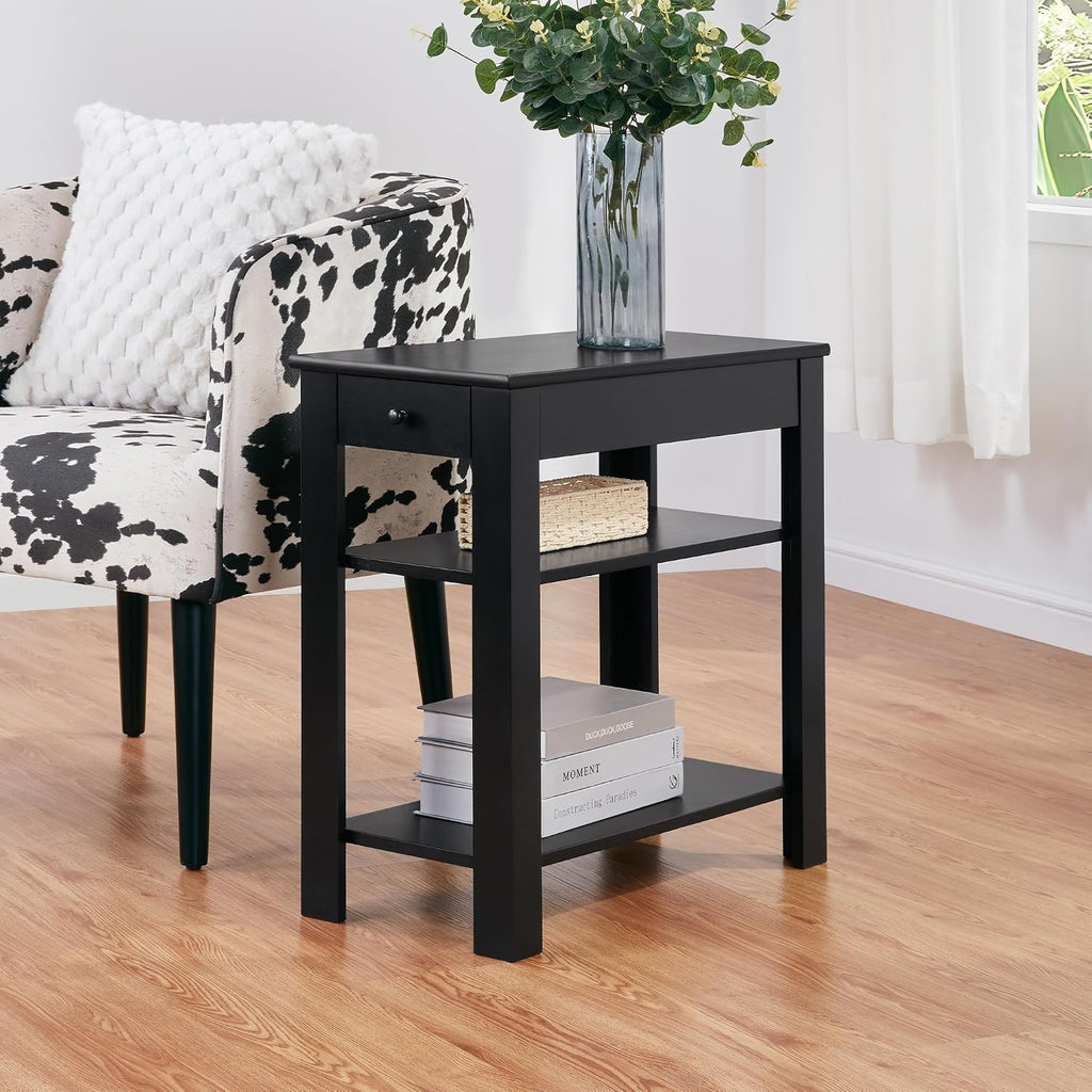 Convenience Concepts Designs2Go Baja Chairside End Table 23.75" - Transitional Narrow 3-Tier Side Accent with Storage Drawer & Shelves for Modern Living or Family Room, Bedroom Nightstand, Black