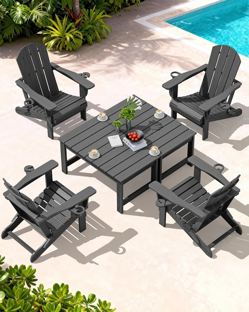 SERWALL Outdoor Coffee Table with 1.69" Umbrella Hole, HDPE Patio Coffee Table for Outside, Rectangle, Gray