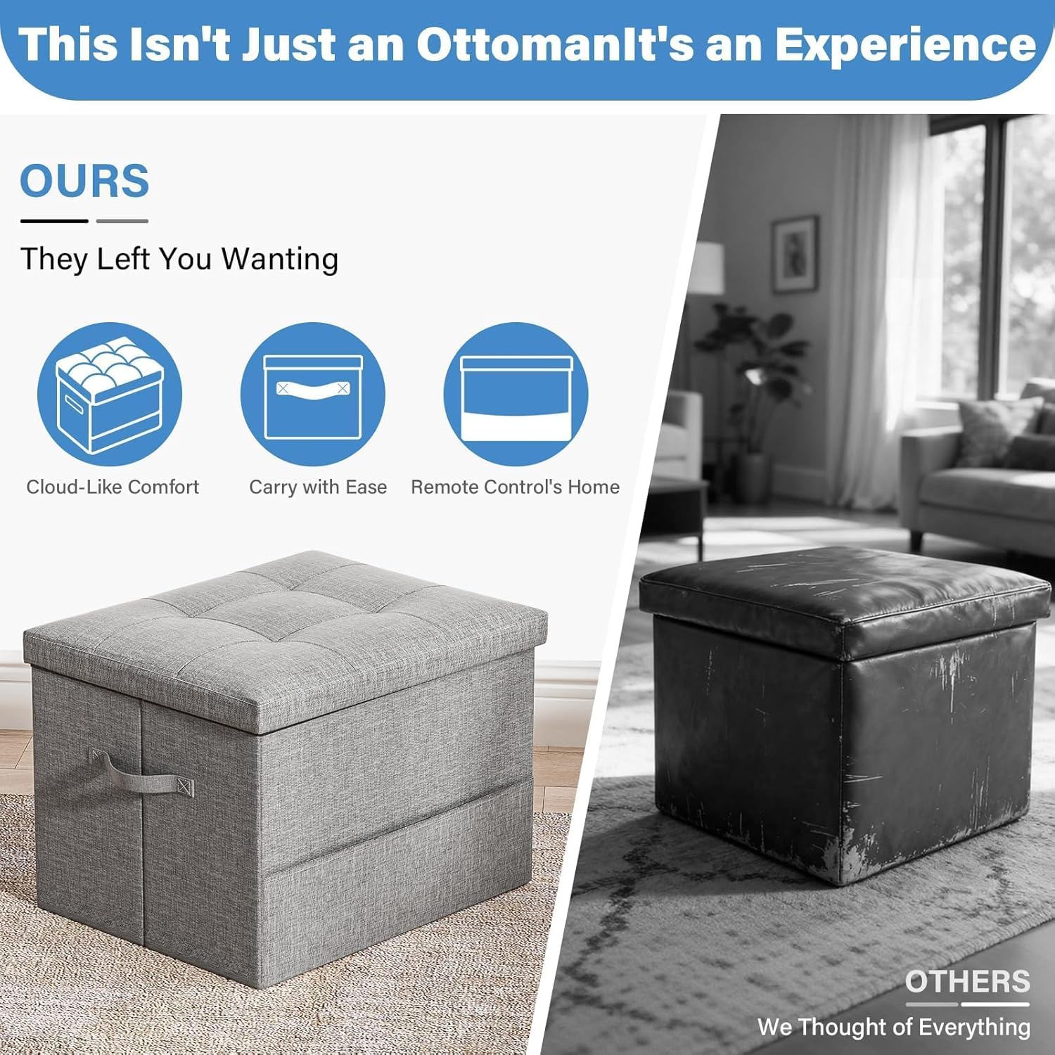 Dayacoco Storage Ottoman Foot Rest Stool, Foldable Foot Rest Stool with Thicker Foam Padded Seat, 43L Small Ottoman with Storage, Holds Up to 350lbs, 17x13x13in,Drak Gray