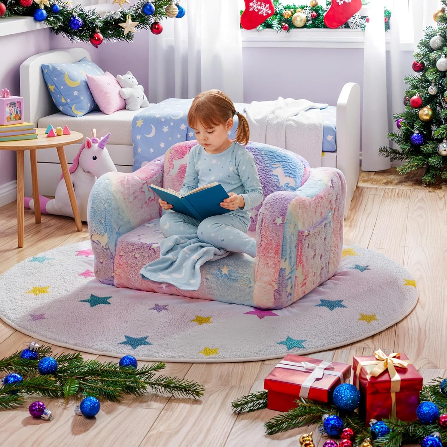 Lamerge 2-in-1 Toddler Couch,Glow in The Dark Baby Floor Bed,Foldable Toddler Chair Kids Sofa for playroom,Convertible Sofa to Lounger for Girls and Boys (Rainbow and Unicorn)