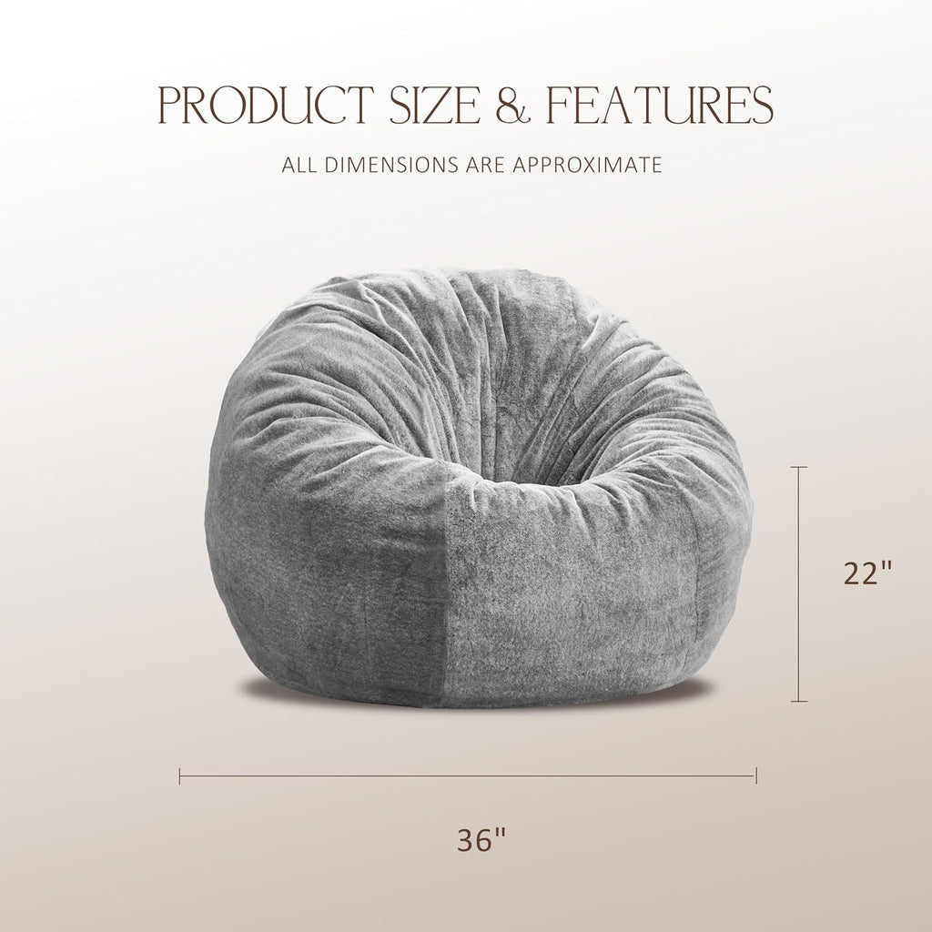 ZurNesfure Bean Bag Chair for Adults, 3FT Giant Bean Bag with Filler & Machine Washable Cover, Fluffy Bean Bag Chairs Oversized Beanbag Lounge Chair for Living Room, Bedroom Dorm (Grey, Medium)