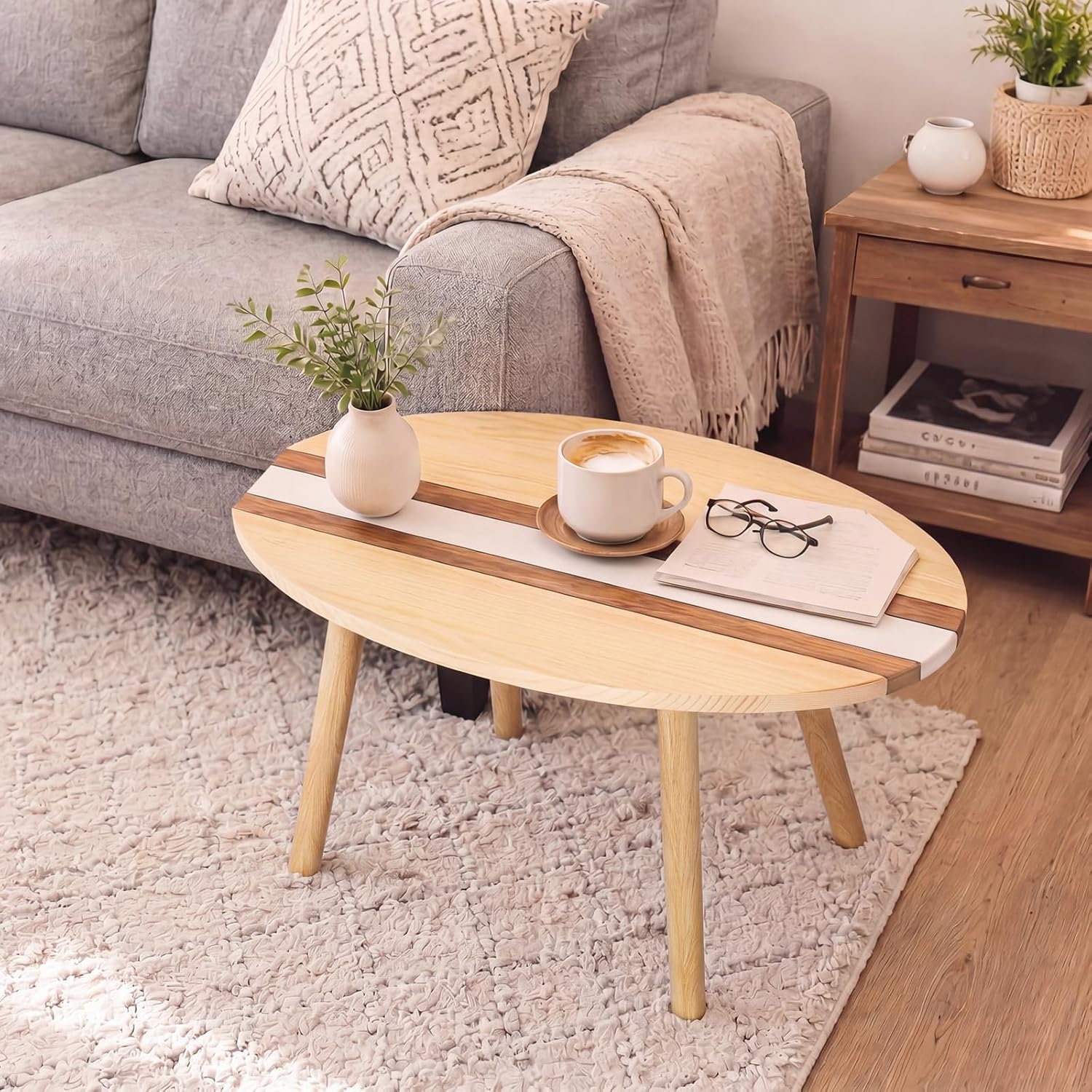 Novabright Coastal Decorative Surfboard Coffee Table, Solid Wood Small End Table 23.6 x 16.5 Inch, Stripe Overlaid Side for Living Room Bedroom Balcony Yard