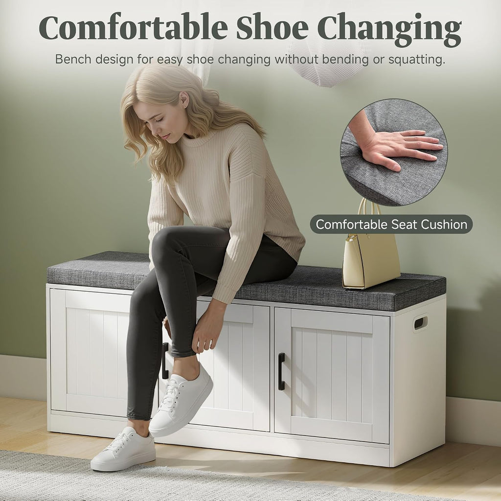 Turosur Shoe Storage Bench with Cabinet, 3-Tier Entryway Bench with Padded Seat Cushion, Shoe Cabinet Bench with 4 Adjustable Shelves for Bedroom, Mudroom, White