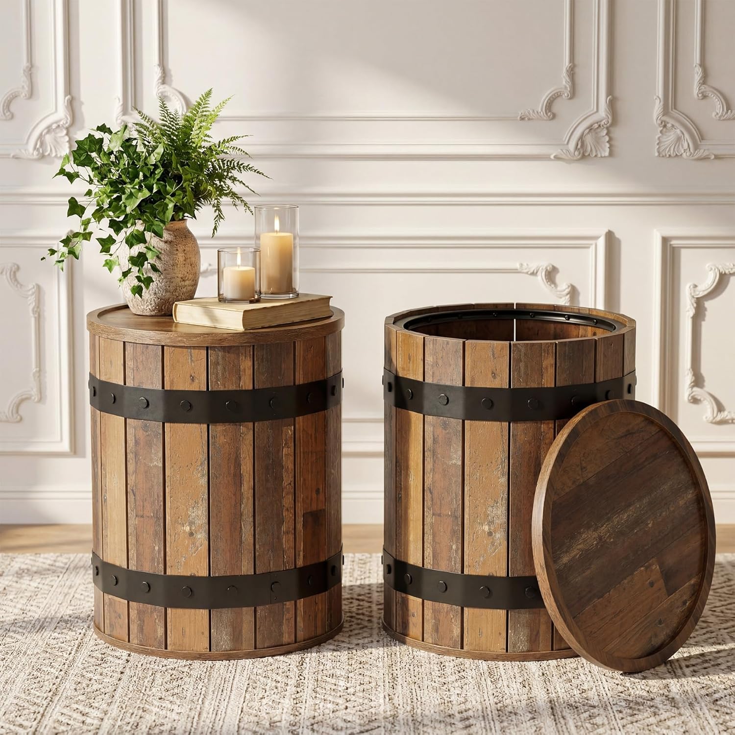 Tribesigns Round End Table with Hidden Storage, 19.68" Barrel Side Table, Farmhouse Wood End Table with Removable Lid, Sofa Side Bedside Nightstand for Living Room, Rustic Brown