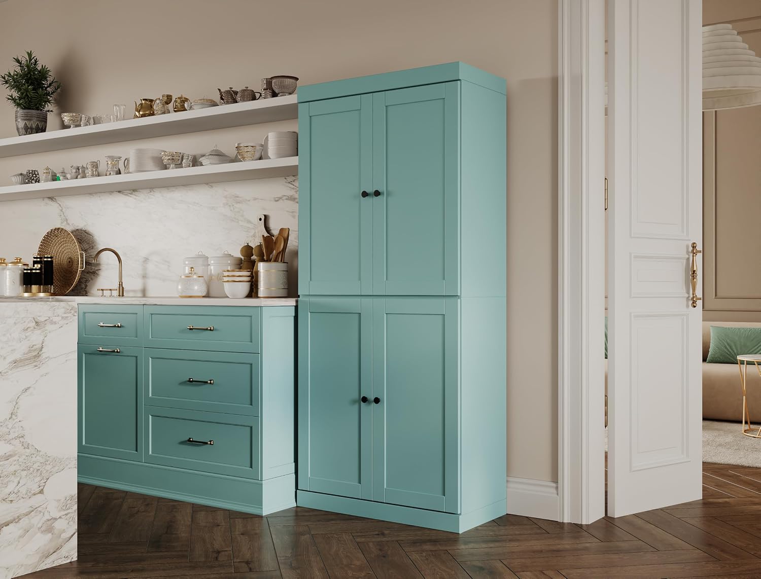 Palace Imports Solid Wood Kitchen Pantry Cabinet - 71.5" H x 32" W - Wooden Storage Cabinet w/ 4 Shaker Doors, 2 Drawers & 4 Adjustable Shelves, Aqua, 100% Renewable Eco-Friendly Wood, Made in Brazil