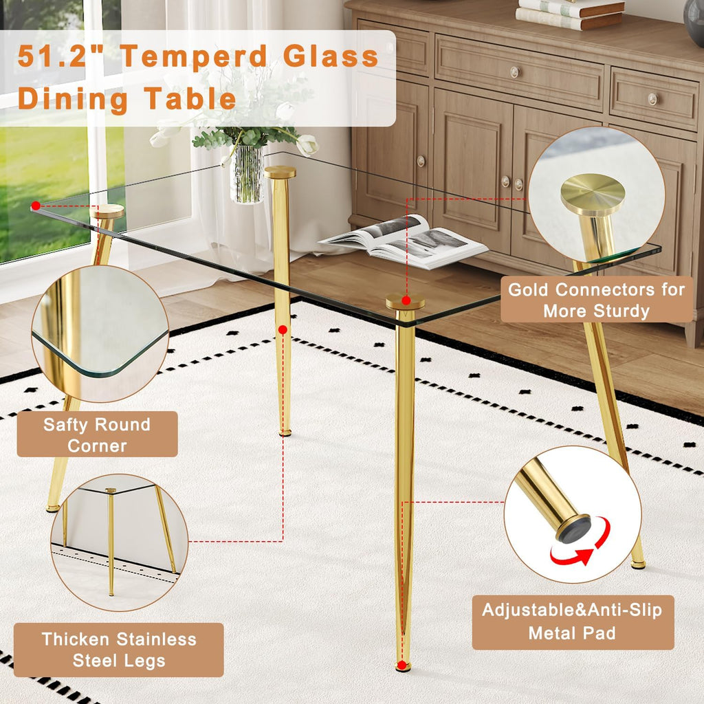 Ebullient Glass Dining Table Set for 4, 51" Clear Tempered Glass Tabletop with Gold Chrome Metal Legs and 4 Transparent Acrylic Chairs, Compact Modern Kitchen Table Set for Small Space Dining Room
