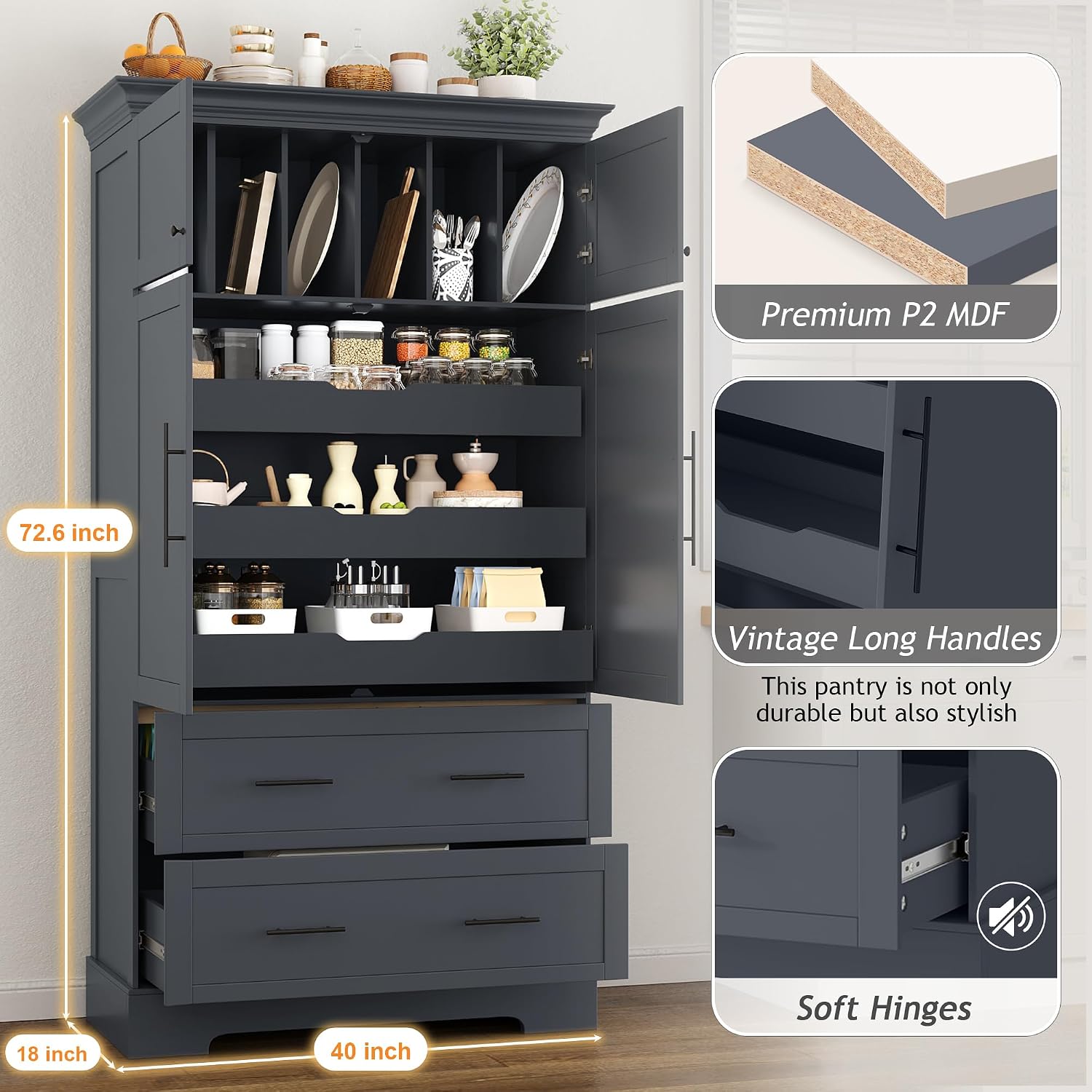 Farmhouse Freestanding Kitchen Pantry, 72.6''H Tall Wooden Kitchen Storage Cabinet with 2 Doors, Pull-out Trays, 2 Drawers and Cake Pan Storage Organizer for Dining Room Living Room (Grey-1.12)
