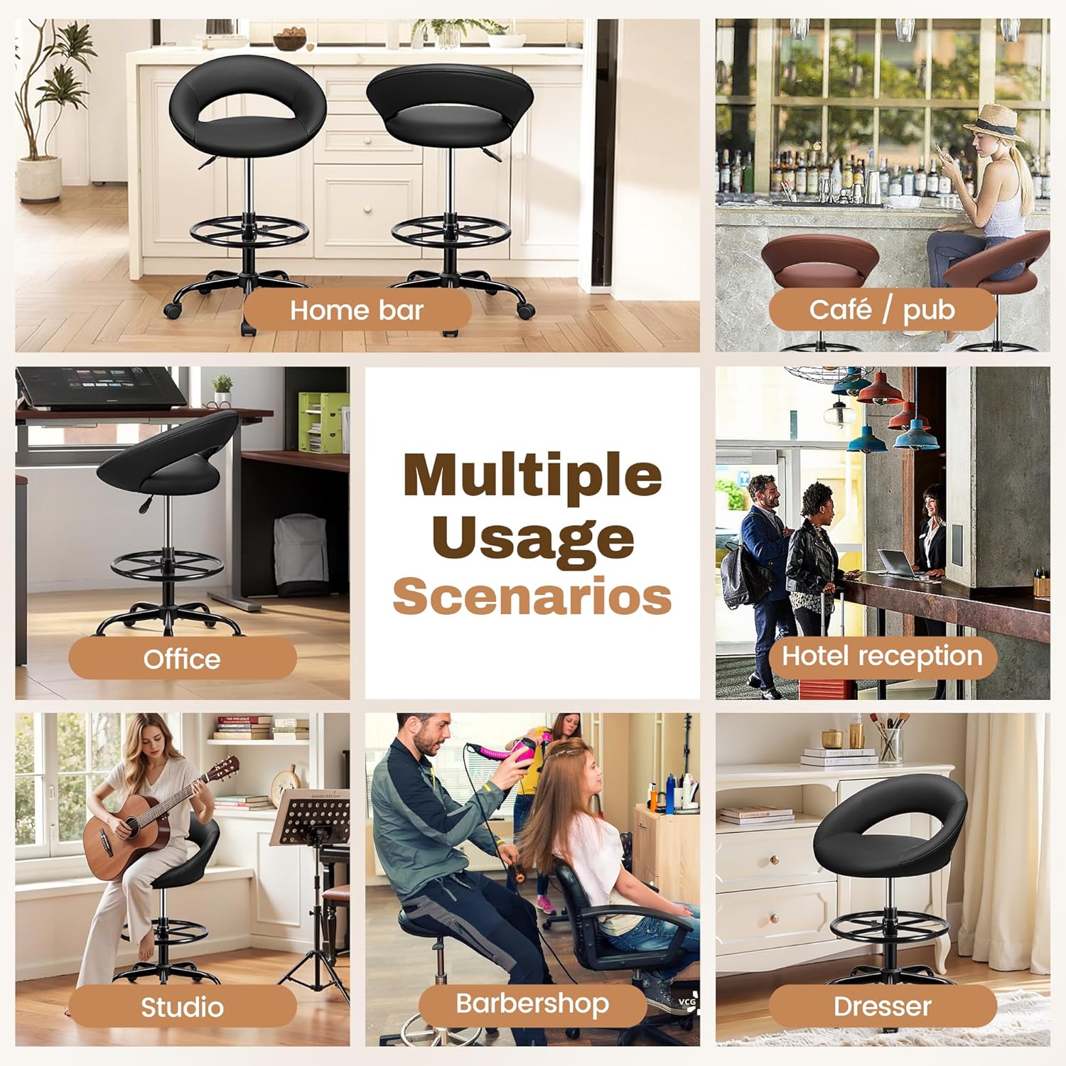 BESTFAIR Office Drafting Chair - Bar Stools with Back Support, Adjustable Foot Rest and Wheels, Shop Rolling Swivel Chair for Standing Desk Counter Kitchen Salon Home Vanity, Black 2 Pack