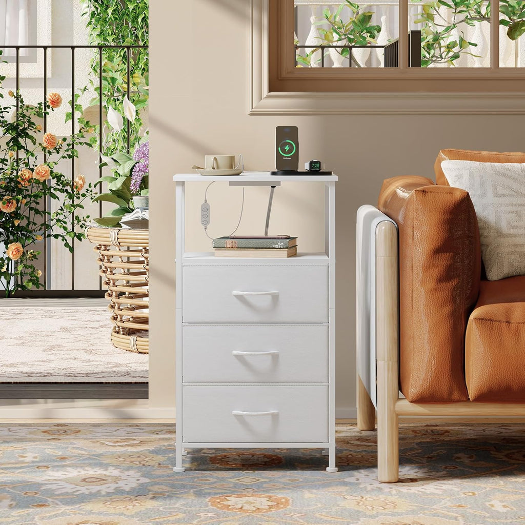 Somdot Nightstand with Charging Station, Smart LED Light, 3 Fabric Drawers | Tall Storage Organizer, Bedside Table, Bedroom, Kids Room, Dorm, Closet, Laundry, Entryway, White