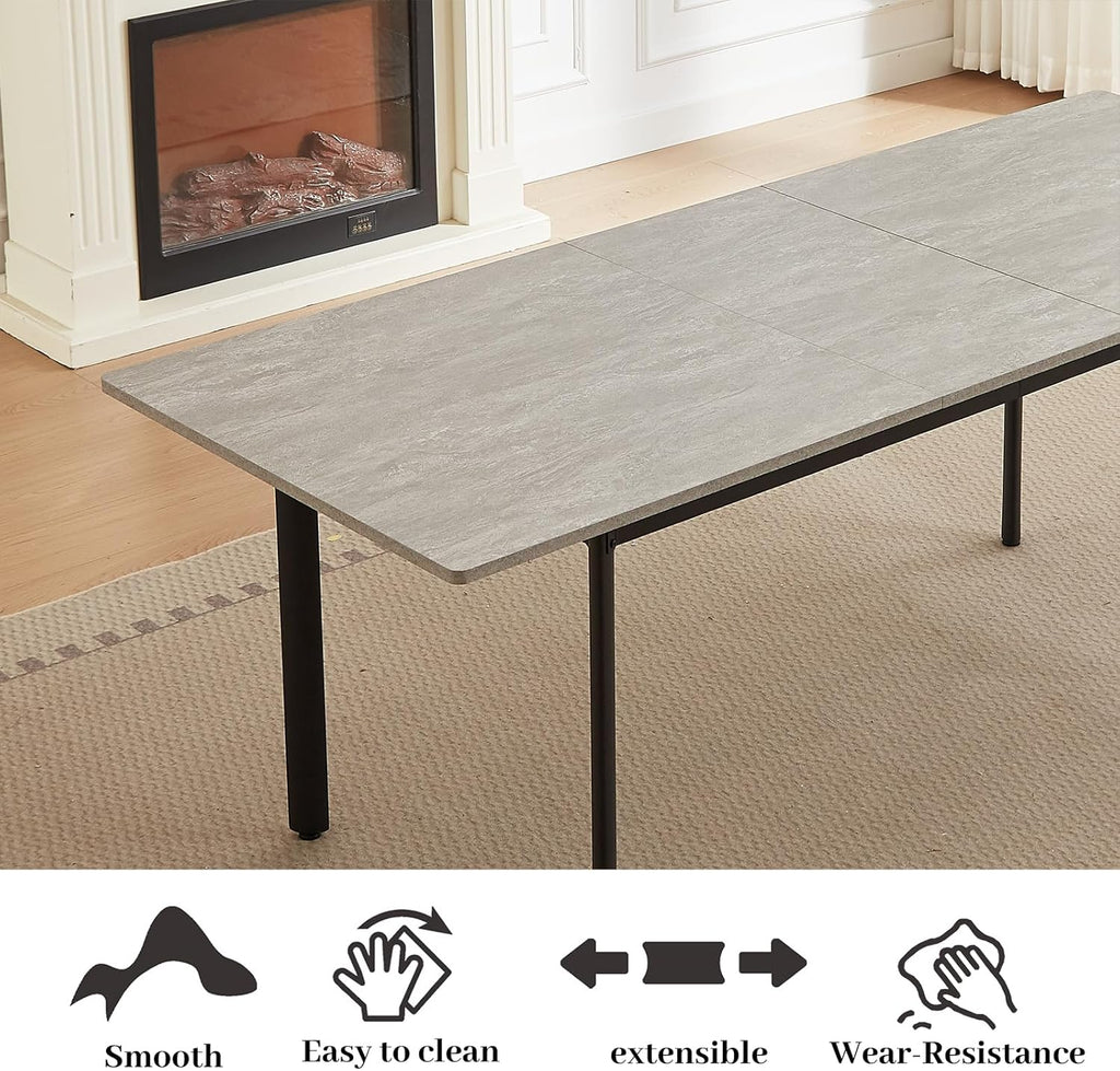 HIPIHOM 63"- 78.7" Extendable Dining Room Table Set for 6, Modern Kitchen Table with 6 Dining Chairs for 4-6 Person, Thickened Expandable Wooden Table with Metal Legs for Dining Room, Kitchen