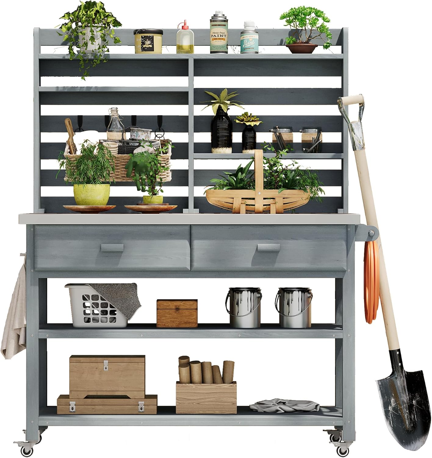 64.9" H Outdoor Potting Bench Table with Lockable Wheels, Solid Wood Outdoor Cabinet with Upper Hutch, Towel Rack,Outdoor Storage for Lawn Garden, Grey Blue