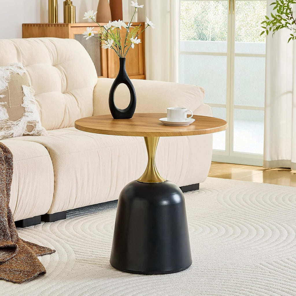 Modern 23.6" Round End Table, Wood Grain Side Table with Heavy-Duty Metal Base, Small Coffee Table for Living Room, Minimalist Nightstand for Bedroom, Simple & Sturdy Bedside Table (Wood)