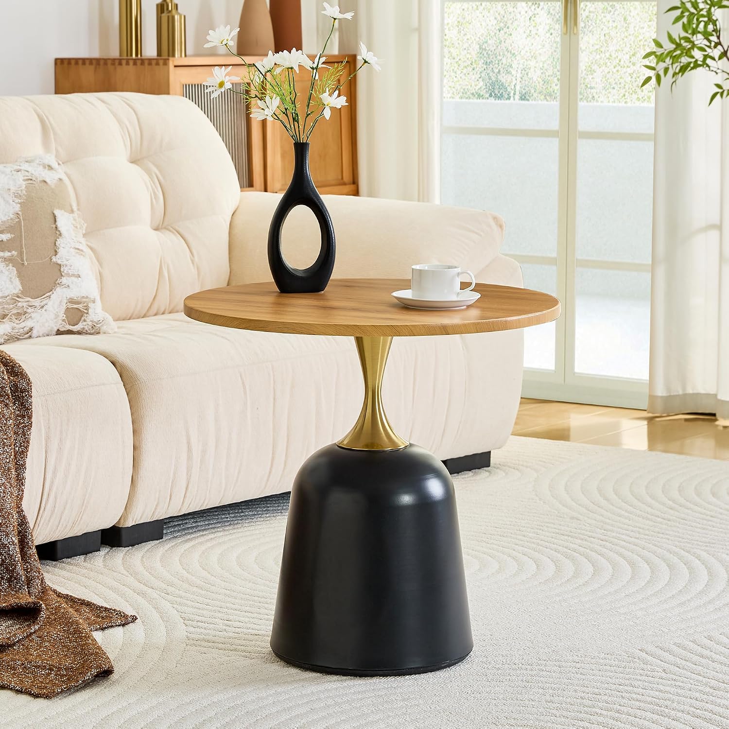 Modern 23.6" Round End Table, Wood Grain Side Table with Heavy-Duty Metal Base, Small Coffee Table for Living Room, Minimalist Nightstand for Bedroom, Simple & Sturdy Bedside Table (Wood)