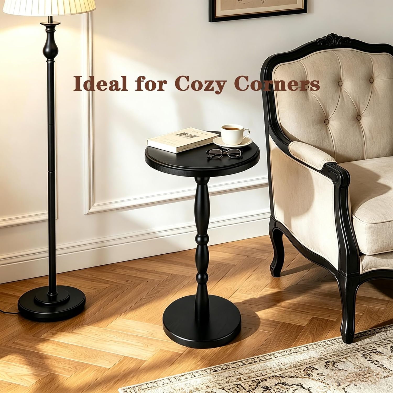 SANY DAYO HOME 12" Real Wood Round Drink Table, Small Pedestal Side Table with Decorative Beaded Design, Accent End Table for Living Room and Bedroom, Black