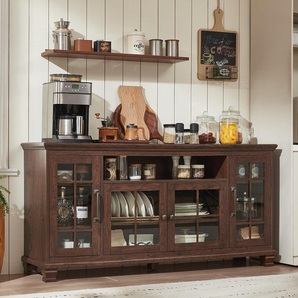 SAVOR LIFE Large Sideboard Buffet Cabinet with Storage,Vintage Walnut Farmhouse 60" Wide Sideboard Cabinets with Glass Doors & Wood Legs,Kitchen Coffee Bar Credenza for Dining Room, Living Room