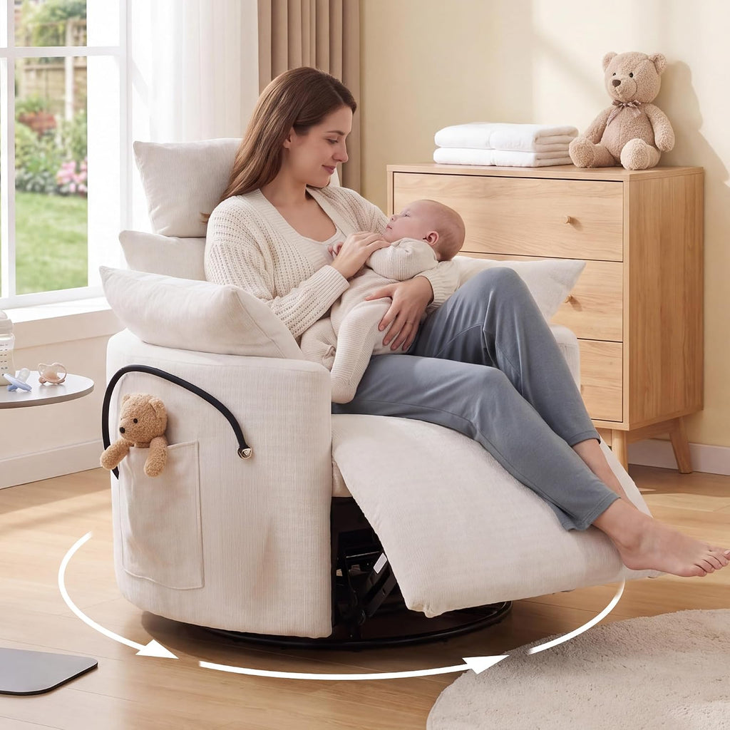 FOXHUNTER Manual Nursery Rocking Chairs Glider Rocking Chair 360°Swivel Rocking Recliner with Phone Holder,Footrest,Oversized Rocker Chair for Living Room, Chenille,White
