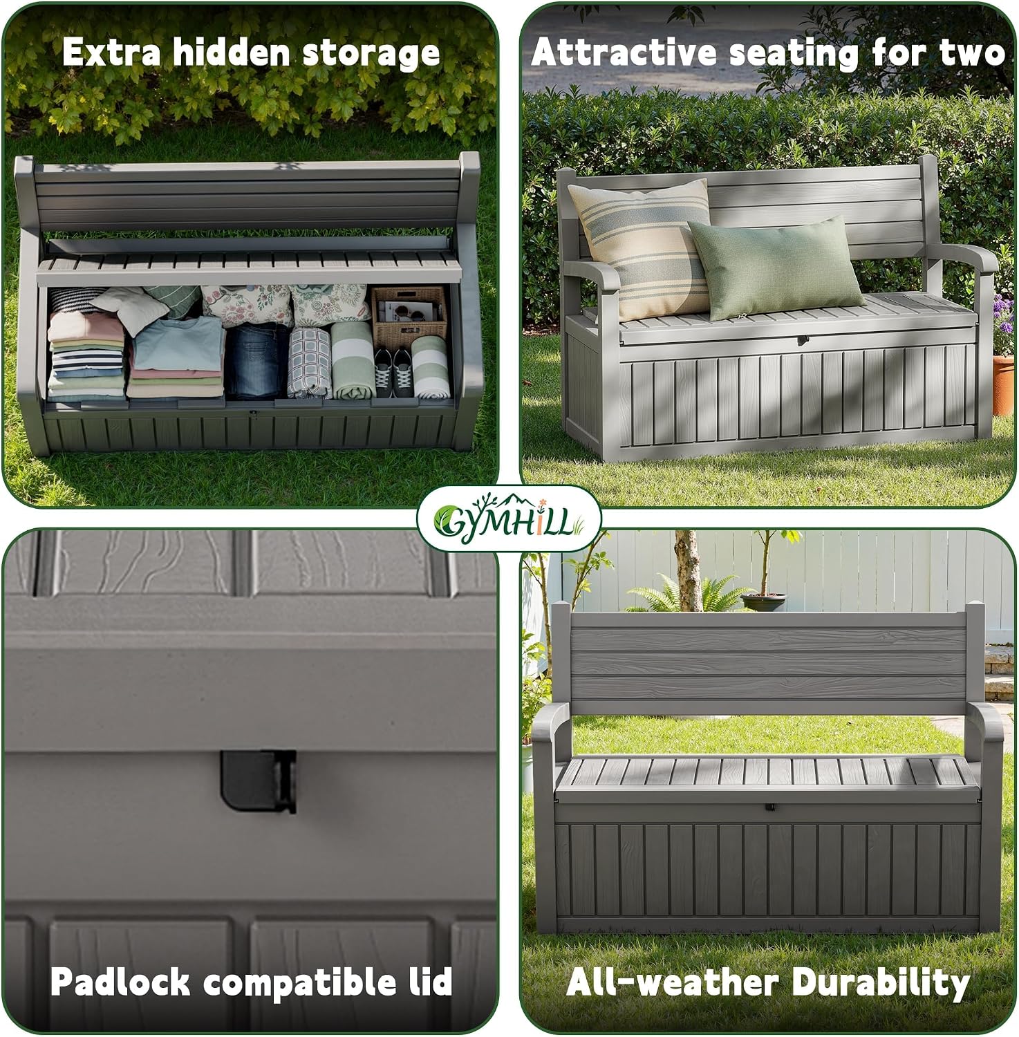 80 Gallon Outdoor Storage Bench Spacious Storage Box Waterproof Resin Deck Box Lockable for Patio, Garden, Livig Room & Outdoor Spaces（Grey）