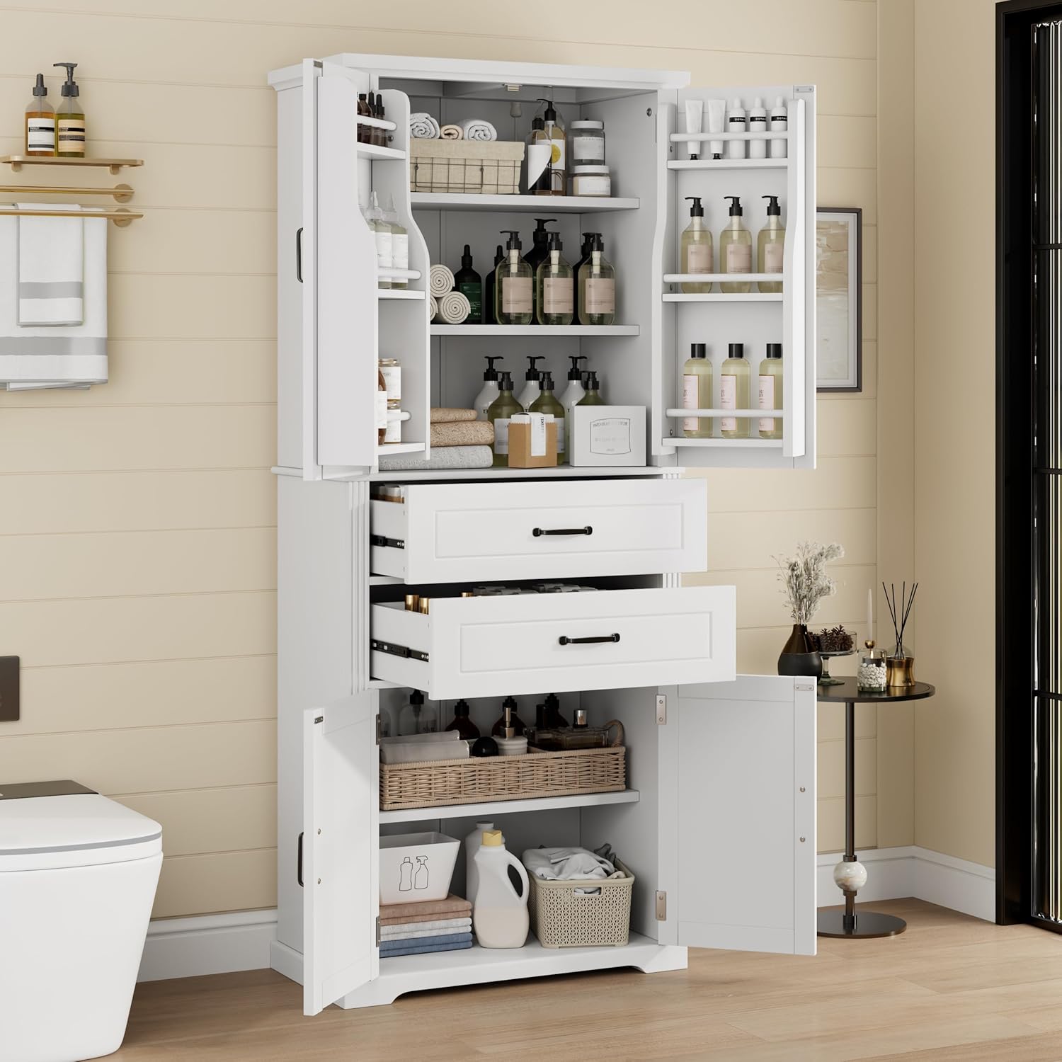 73 Inch Bathroom Storage Cabinet with Door Shelves, White | White MDF, bathroom kitchen or dining room, door shelves, adjustable shelf, lower compartments, anti-tip devices, 72.5 in H