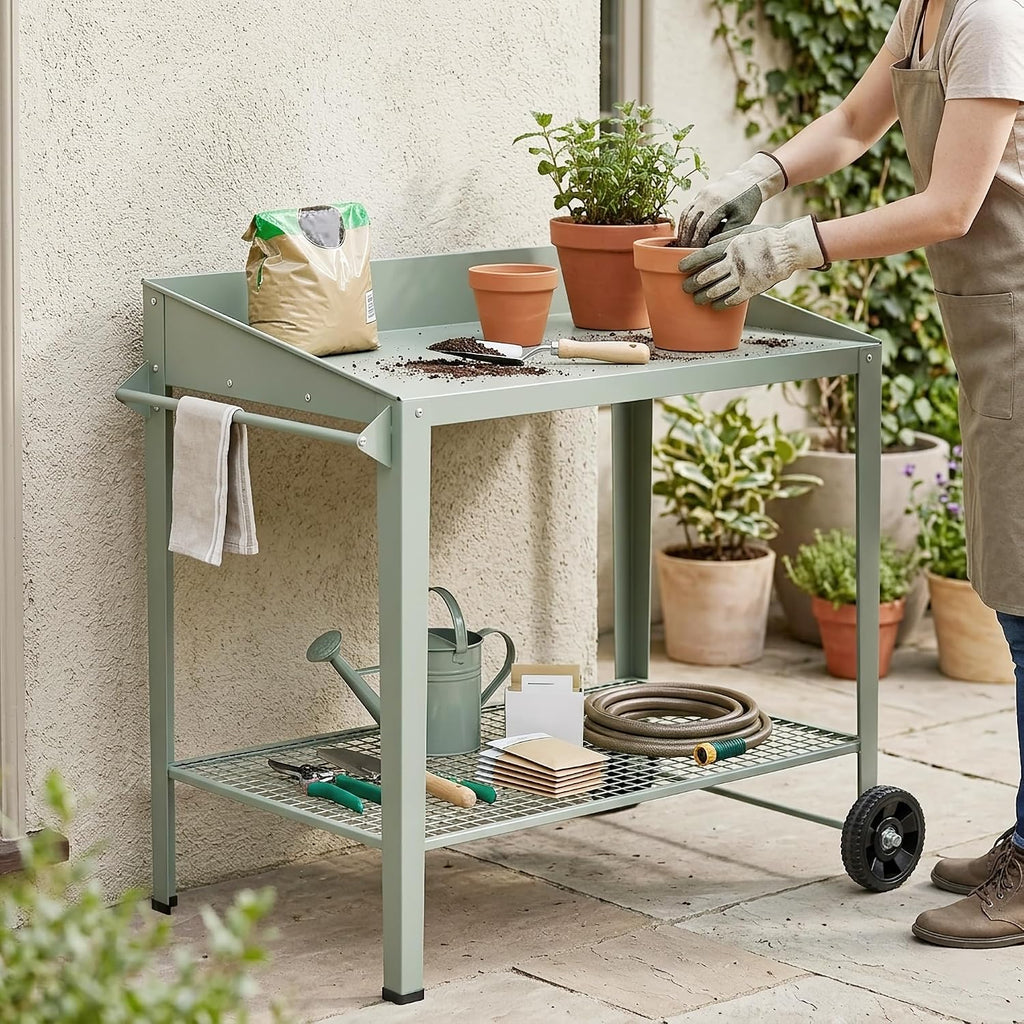 Outdoor Metal Potting Bench with Wheels, Heavy Duty Garden Workbench Table with Storage Shelf (Green, 36"x38.8")