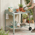 Outdoor Metal Potting Bench with Wheels, Heavy Duty Garden Workbench Table with Storage Shelf (Green, 36"x38.8")