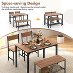 GOFLAME 4-Piece Dining Table Set for 4, Industrial Kitchen Table with 2 Chairs & Bench, Space Saving Breakfast Table Set with Storage Shelf and Metal Frame, Wooden Dinette for Dining Room, Walnut