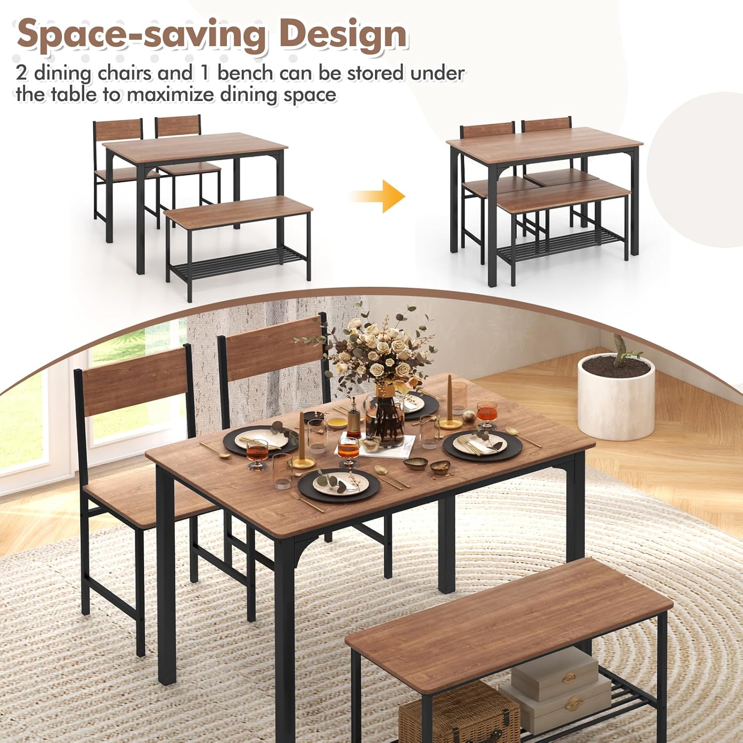 GOFLAME 4-Piece Dining Table Set for 4, Industrial Kitchen Table with 2 Chairs & Bench, Space Saving Breakfast Table Set with Storage Shelf and Metal Frame, Wooden Dinette for Dining Room, Walnut