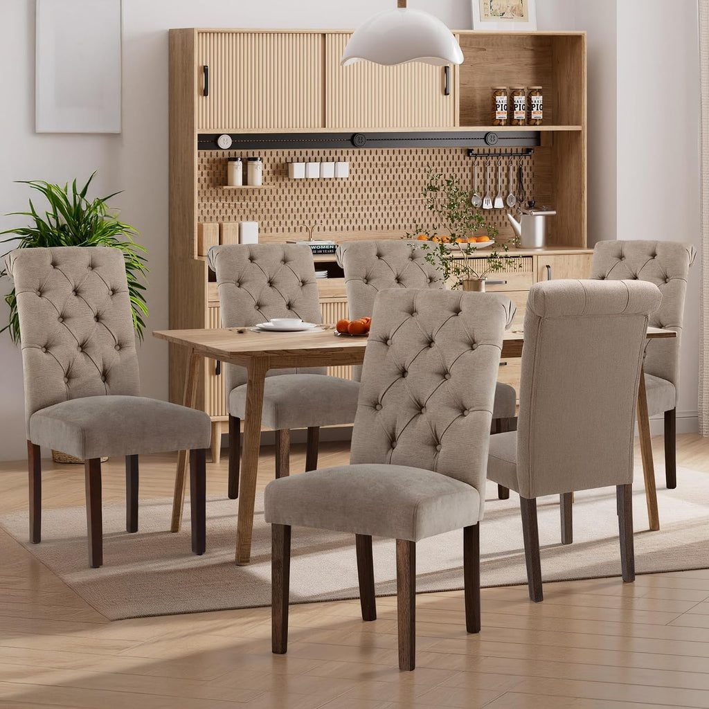 Dining Chairs Set of 6, Button Tufted Parsons Upholstered Chairs with Solid Wood Legs, Mordern Fabric Kitchen Chairs for Dining Room，Taupe