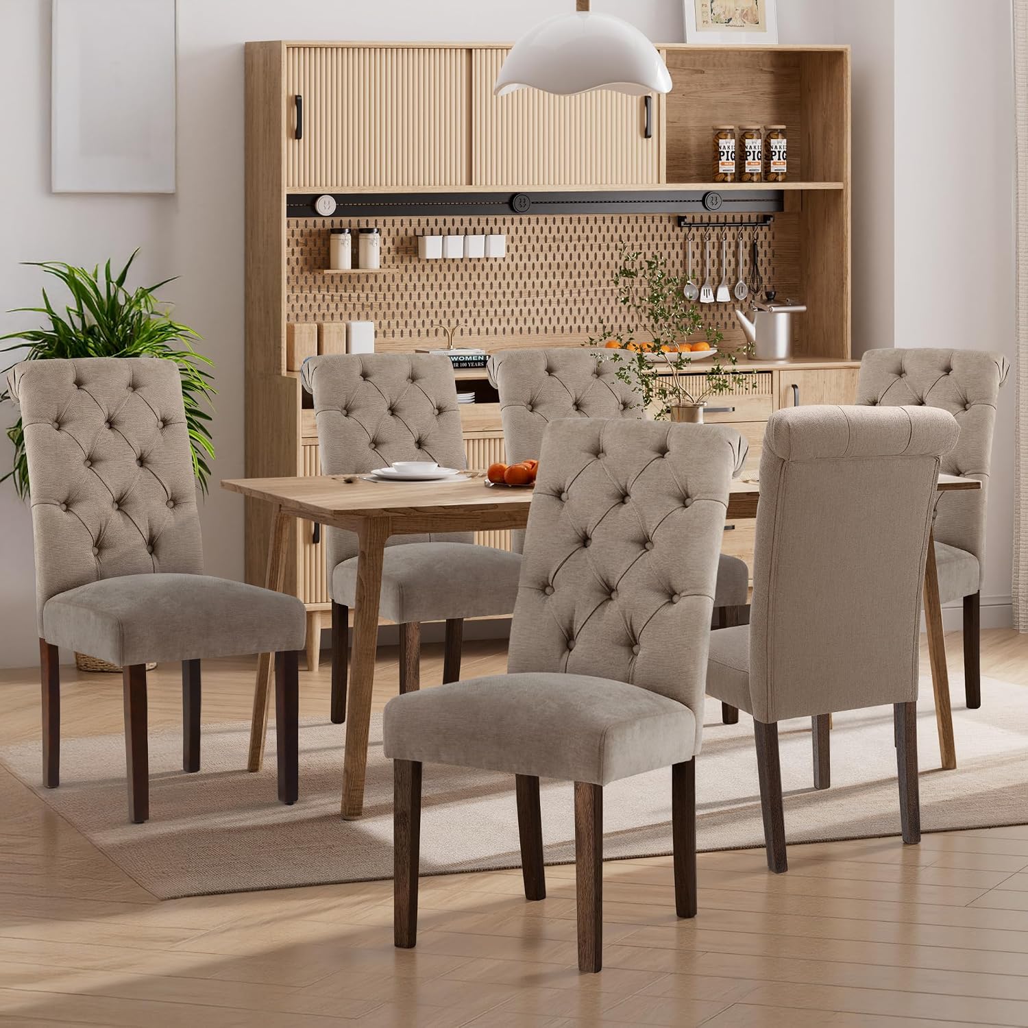 Dining Chairs Set of 6, Button Tufted Parsons Upholstered Chairs with Solid Wood Legs, Mordern Fabric Kitchen Chairs for Dining Room，Taupe
