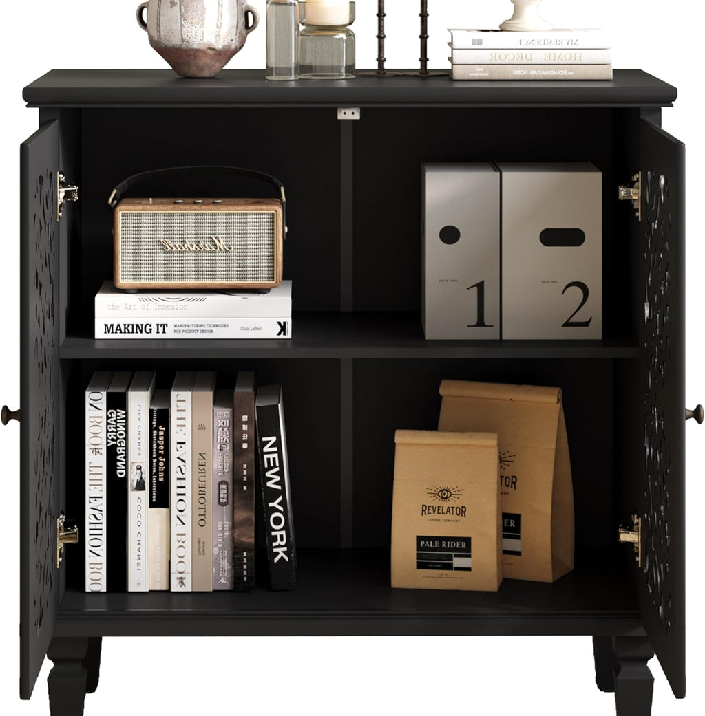 Antique Black Sideboard Buffet Accent Credenza Storage Cabinet with 2 Hollow Floral Carved Doors Small Modular Console Table for Kitchen Living Room Entryway 31.5 Inch